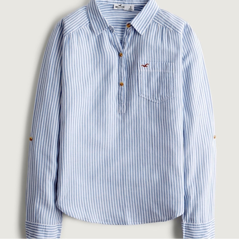 Hollister Striped Cotton Pullover Shirt XL White & Blue
